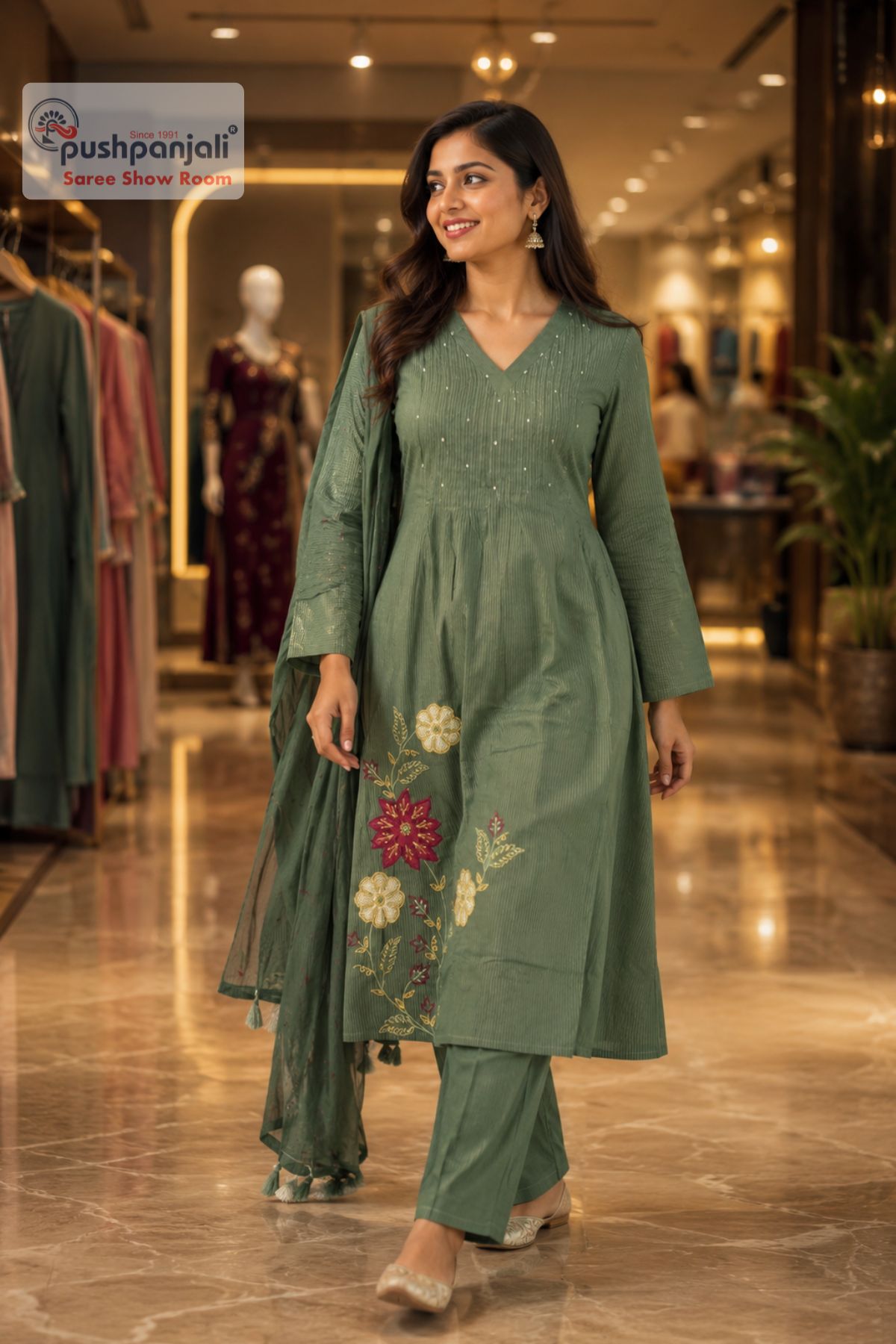 Pista Green Floral Embroidered A-Line Kurta Set with Dupatta