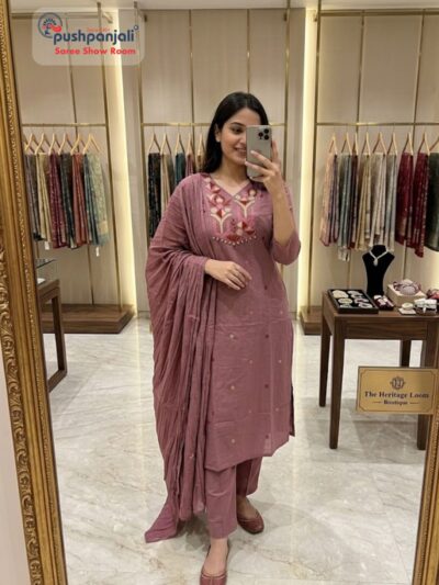 Dusty Rose Embroidered Straight Kurta Set with Dupatta