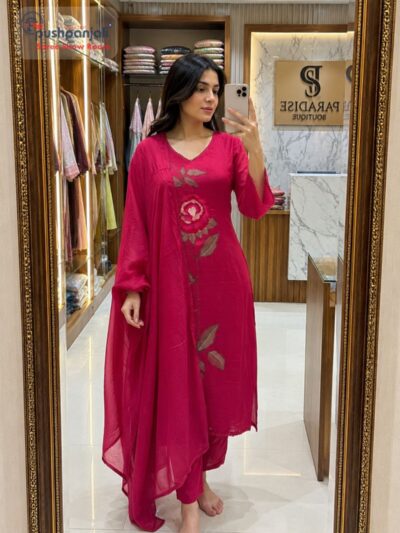 Rani Pink Floral Mul Cotton Kurta Set with Dupatta