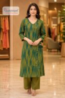 Olive Green Ikat Print Straight Kurta Pant Set