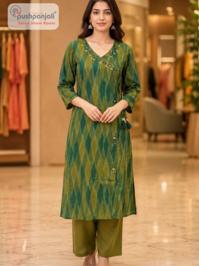 Olive Green Ikat Print Straight Kurta Pant Set