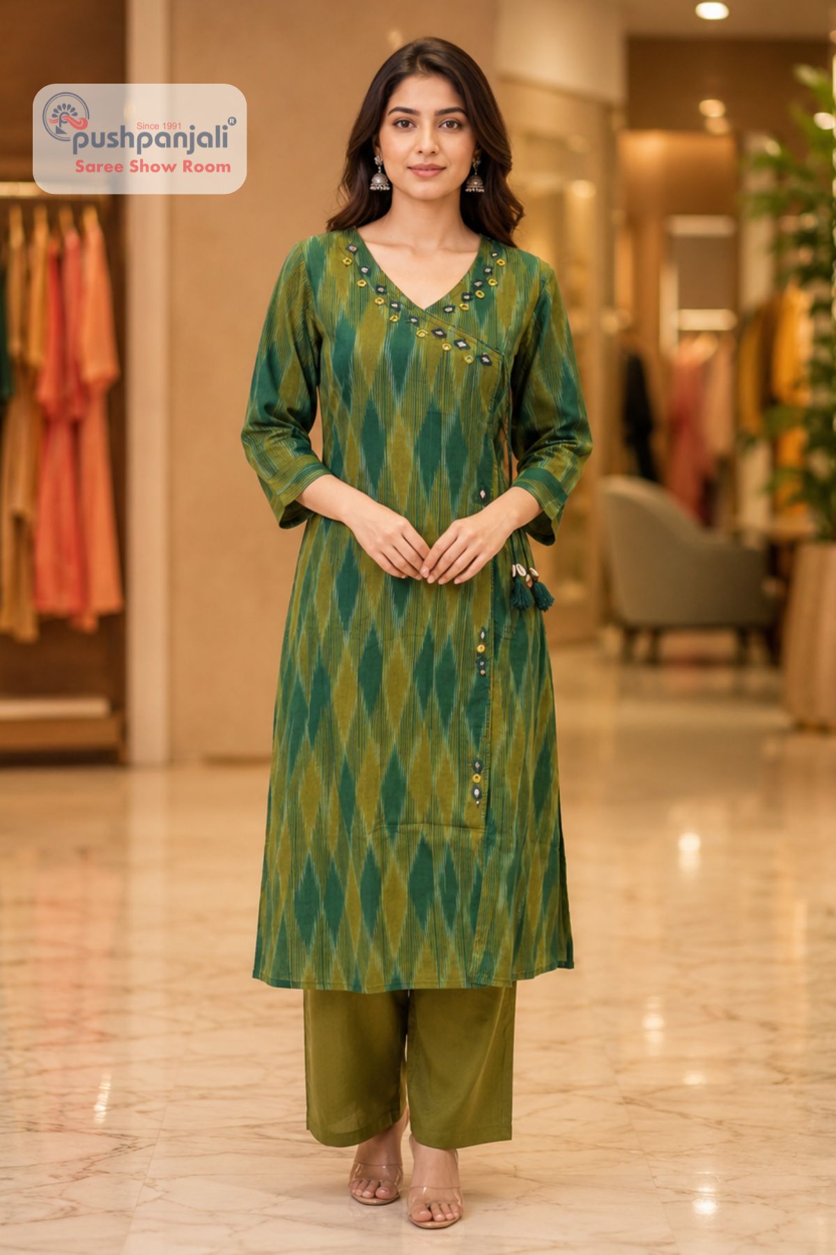Olive Green Ikat Print Straight Kurta Pant Set