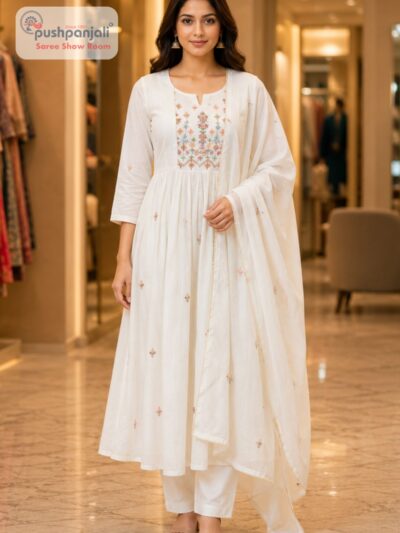Elegant White Embroidered Anarkali Suit Set with Dupatta