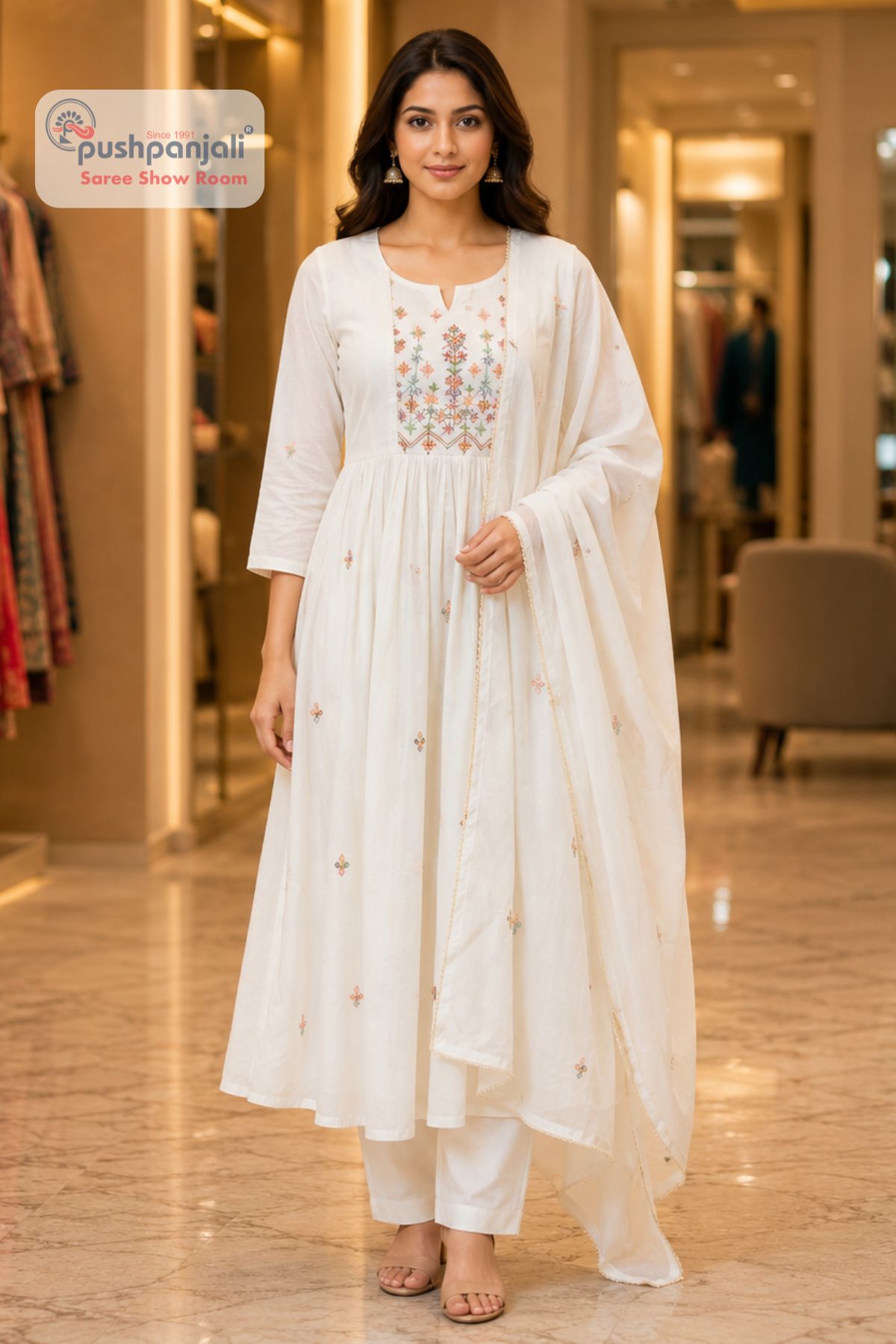 Elegant White Embroidered Anarkali Suit Set with Dupatta