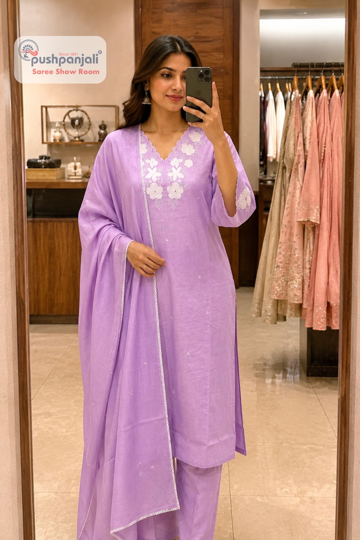 Lavender Embroidered Straight Fit Suit Set with Dupatta - Image 2