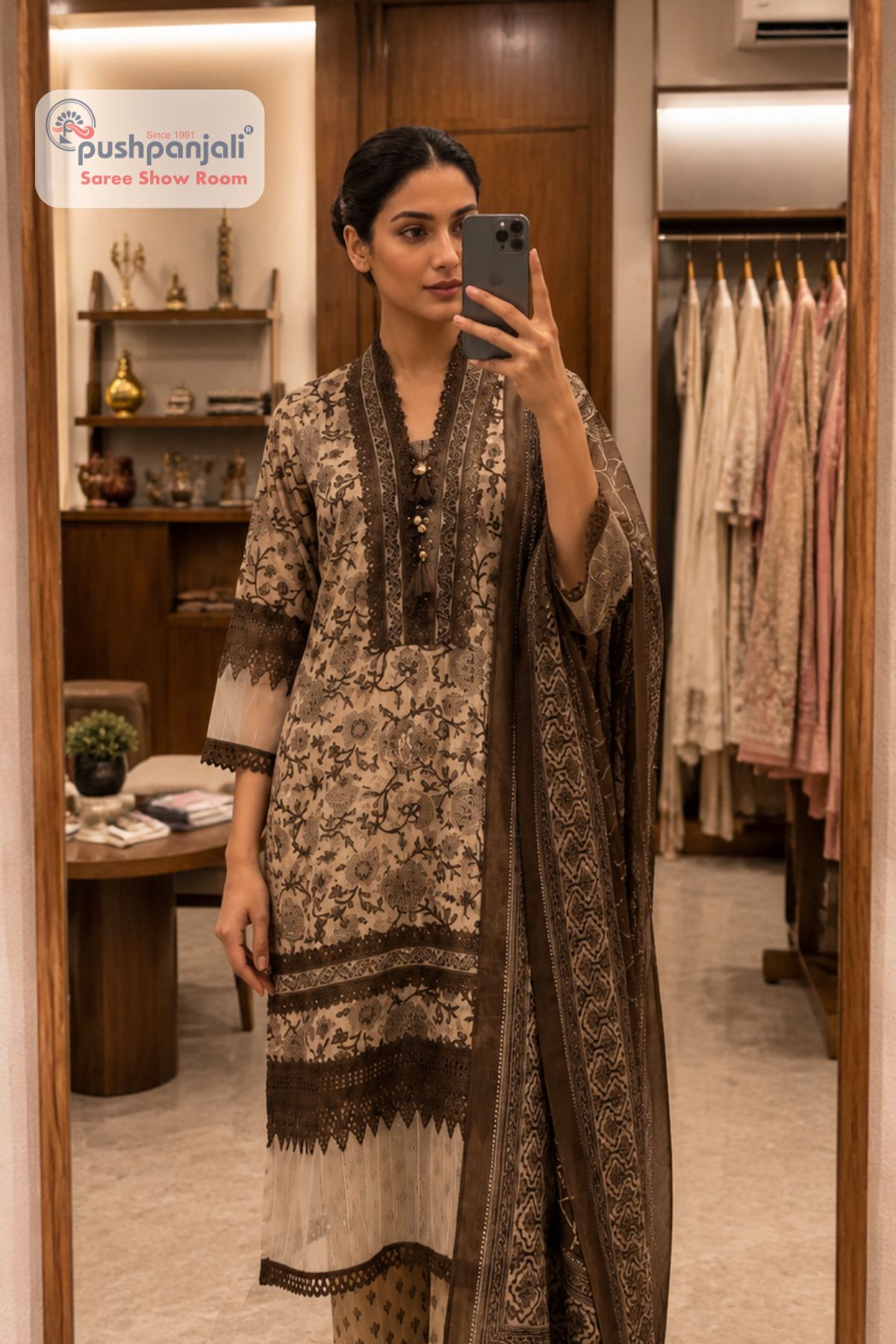 Beige & Coffee Brown Printed Straight Fit Suit Set with Dupatta - Image 2