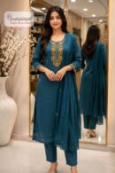 Teal Blue Embroidered Straight Fit Suit Set