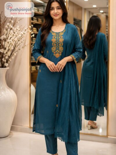 Teal Blue Embroidered Straight Fit Suit Set