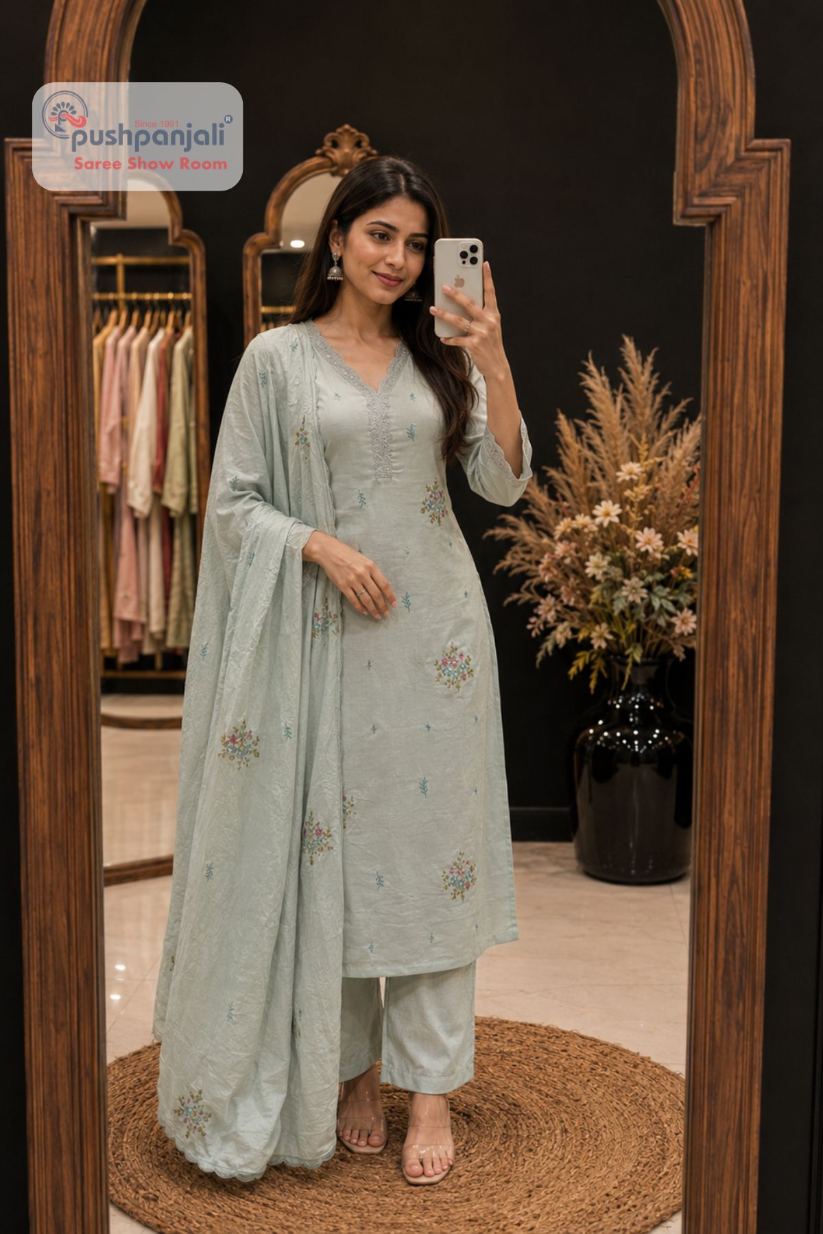 Mint Green Floral Embroidered A-Line Suit Set - Image 2