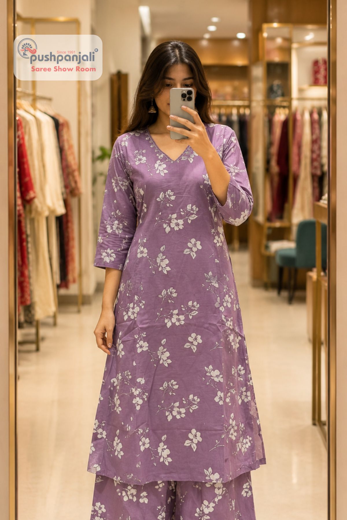 Lavender Floral Printed A-Line Suit Set - Image 2
