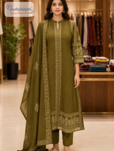 Olive Green Embroidered A-Line Suit Set