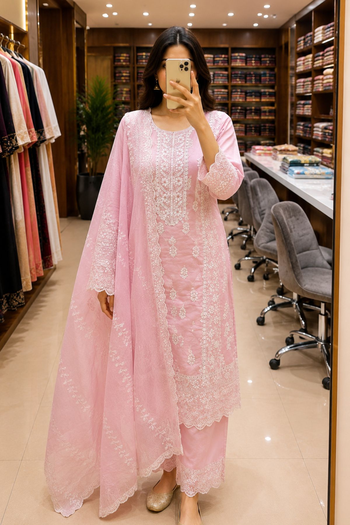 Baby Pink Embroidered Straight Fit Suit Set - Image 2