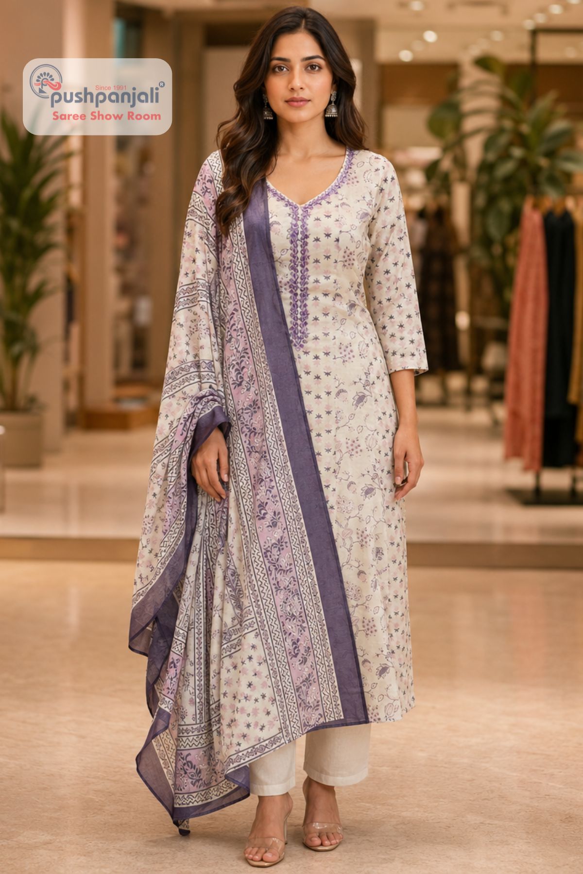 Ivory Lavender Floral Printed A-Line Suit Set with Dupatta - Image 2