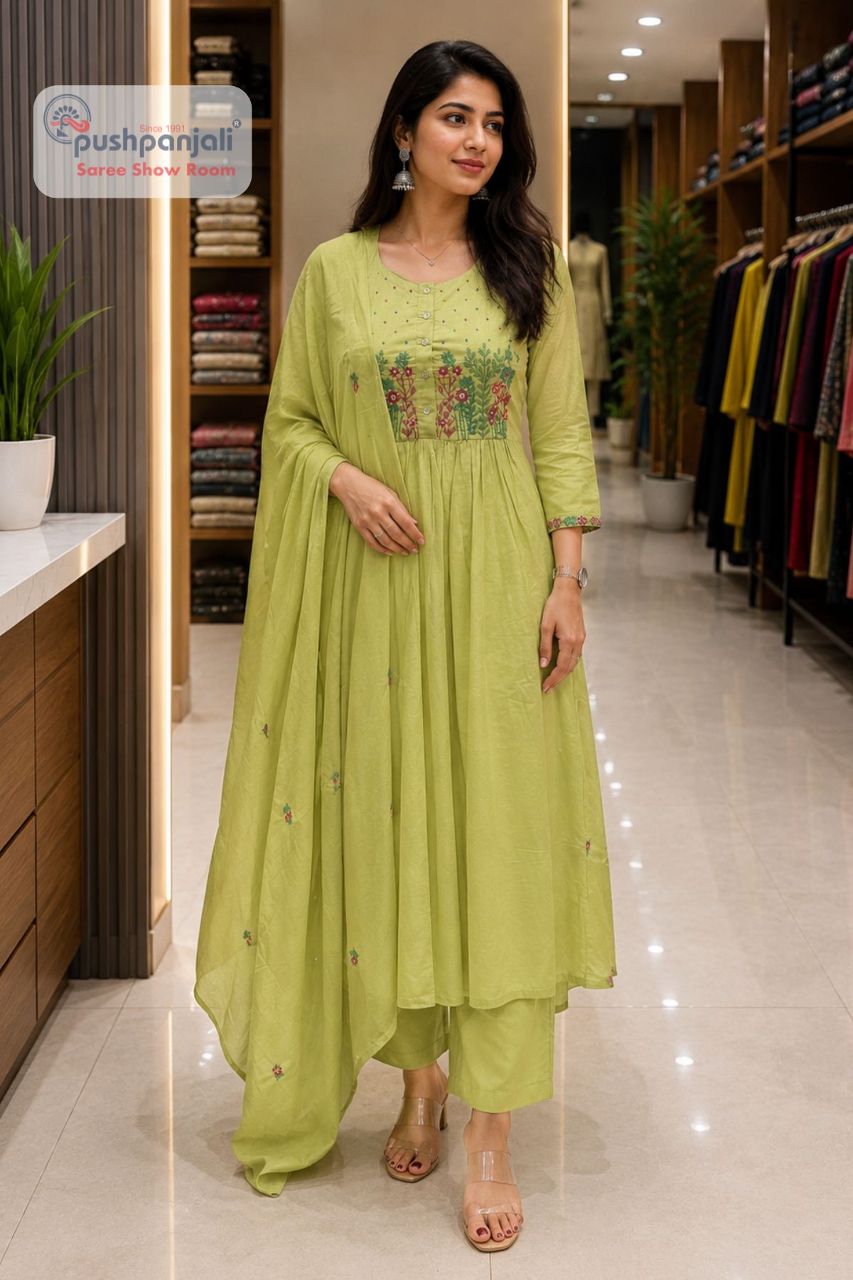 Lime Yellow Embroidered Anarkali Suit Set with Dupatta - Image 2