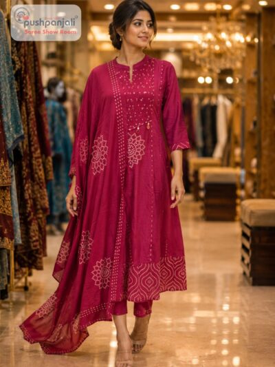 Magenta Pink A-Line Ethnic Kurta Set with Embellished Dupatta