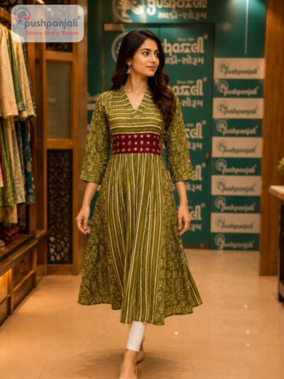 Olive Green Printed One Piece A-Line Kurti Dress