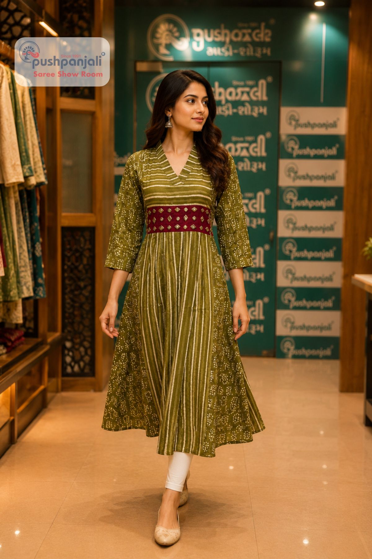 Olive Green Printed One Piece A-Line Kurti Dress