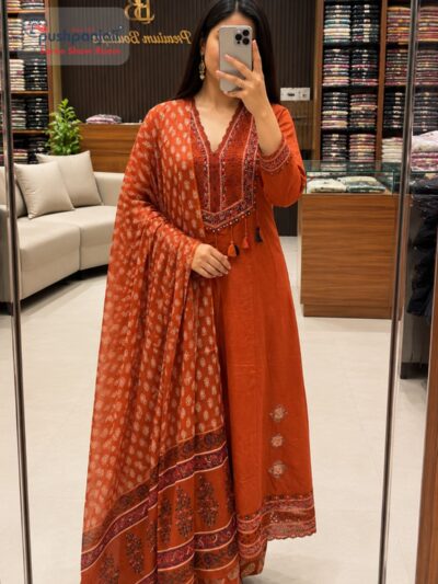 Rust Orange A-Line Kurta Set with Printed Dupatta