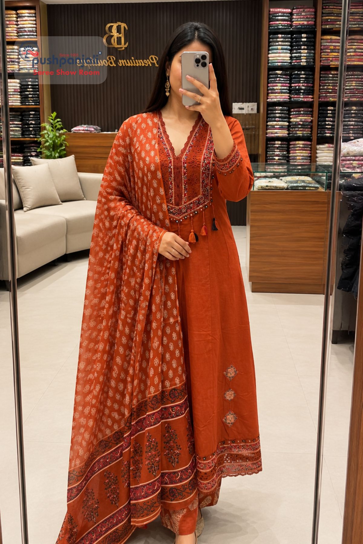 Rust Orange A-Line Kurta Set with Printed Dupatta