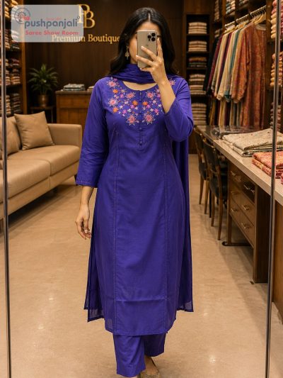 Royal Purple Floral Embroidered Straight Kurta Set with Dupatta
