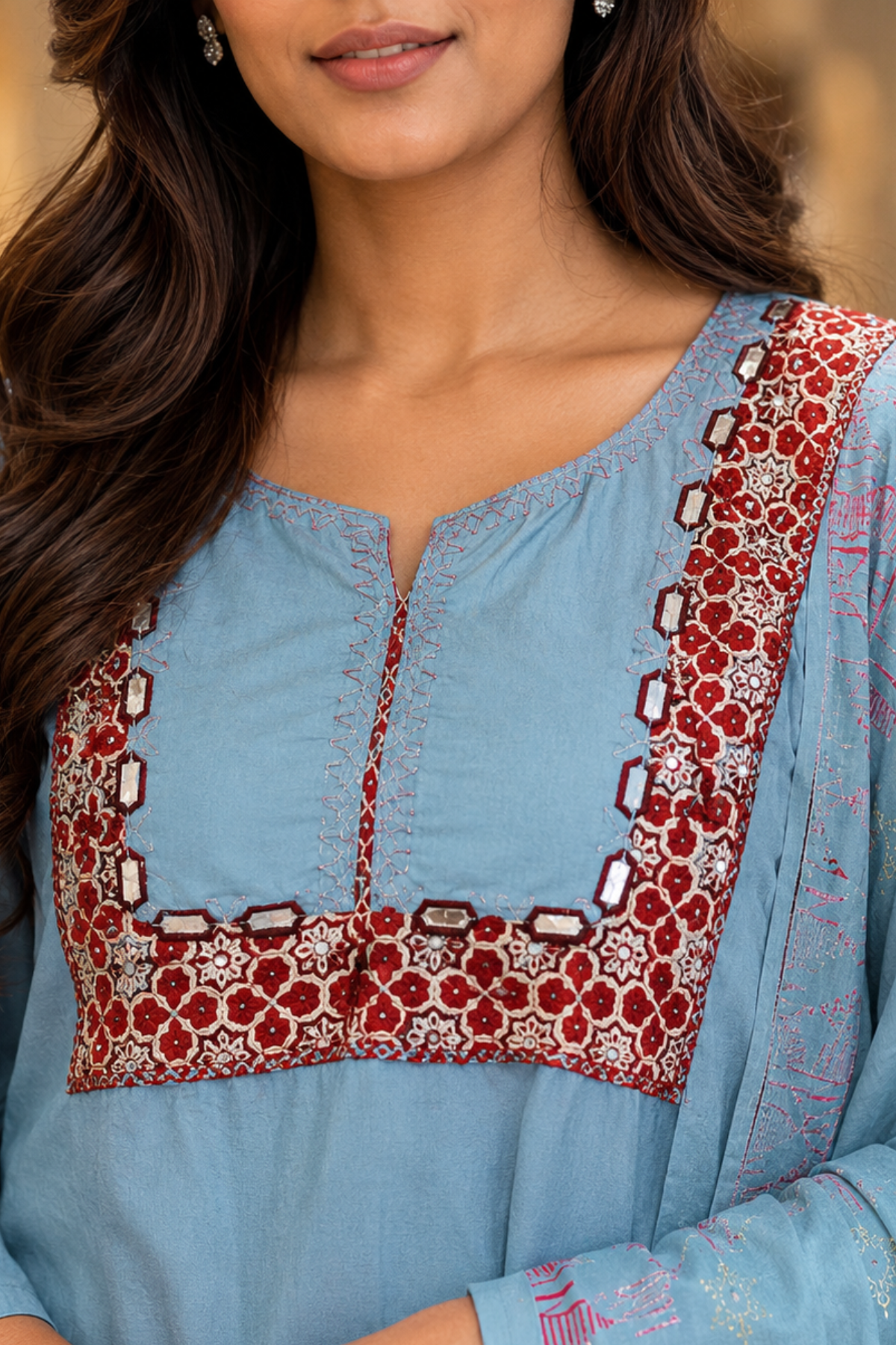 Sky Blue Embroidered Straight Kurta Set with Dupatta - Image 3