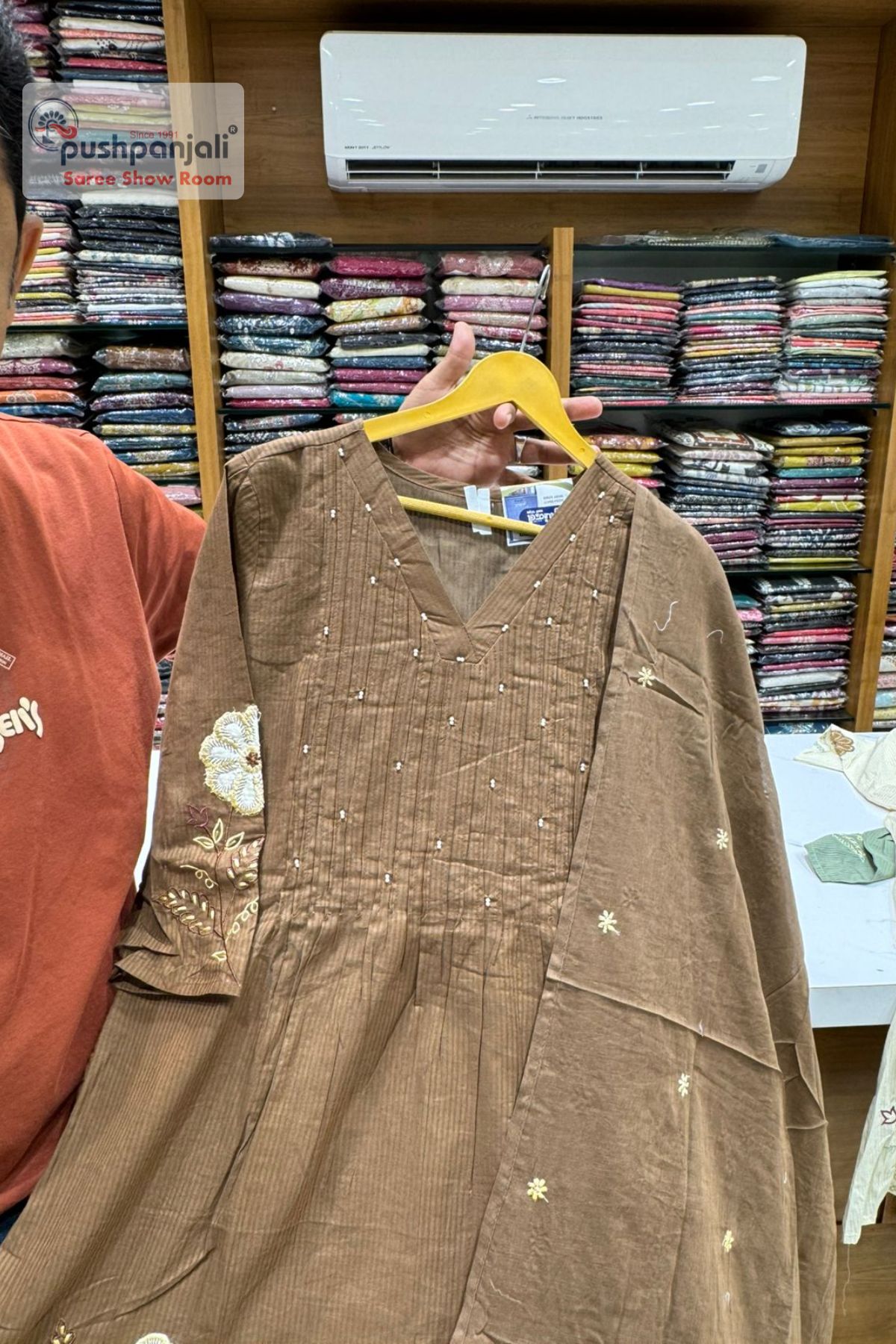 Coffee Brown Floral Embroidered A-Line Kurta Set with Dupatta - Image 3