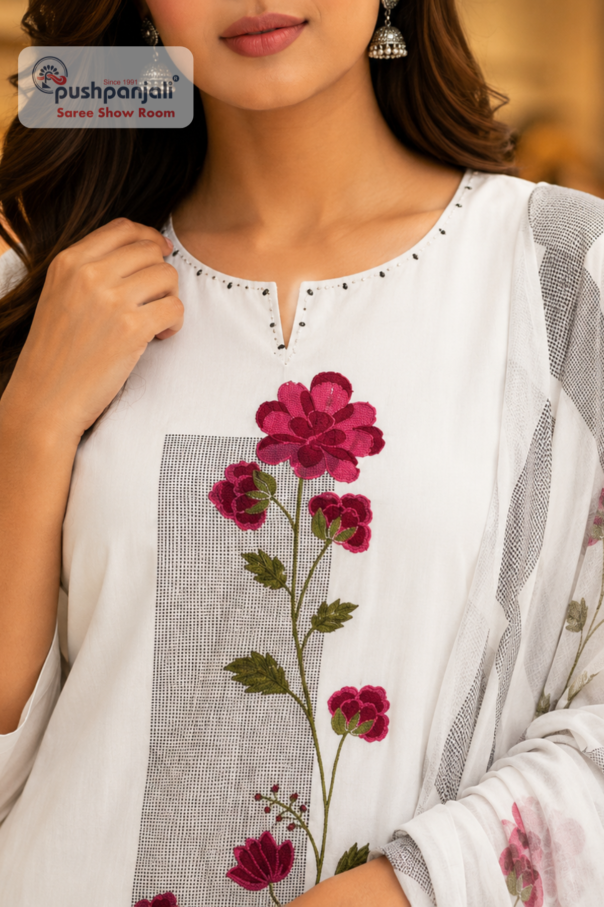 Off White Embroidered Straight Kurta Set with Dupatta - Image 3