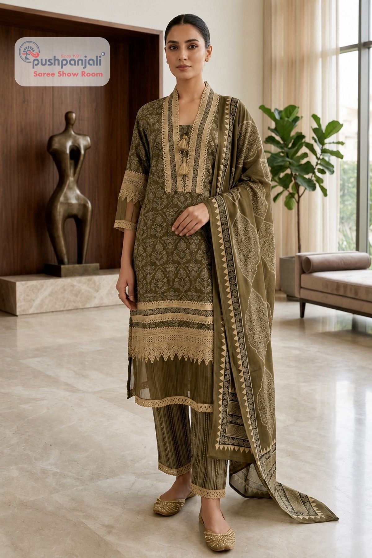 Olive Green Designer Straight Fit Suit Set with Dupatta