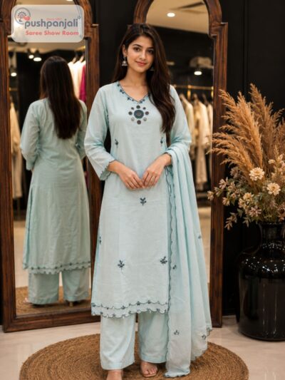Pastel Mint Green Embroidered Straight Fit Suit Set