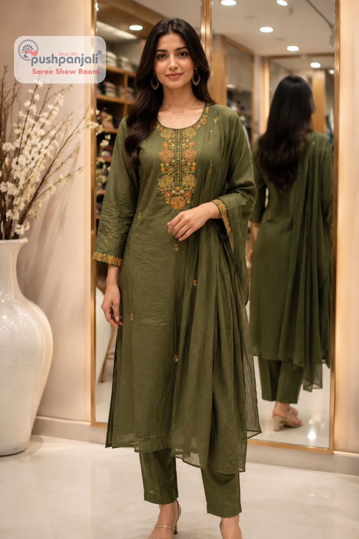 Olive Green Embroidered Straight Fit Suit Set - Image 2