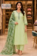 Pastel Lime Green Straight Fit Suit Set with Printed Dupatta