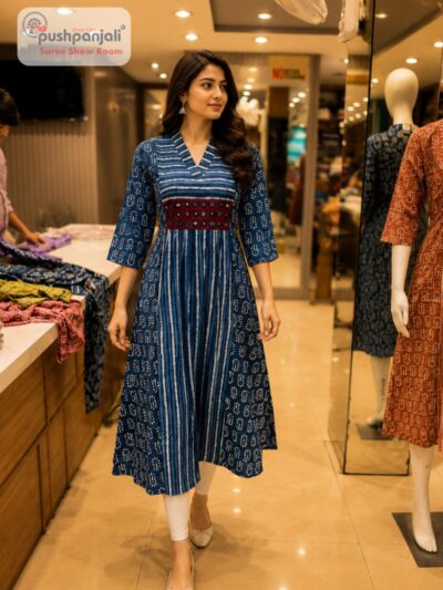 Blue Printed One Piece A-Line Kurti Dress