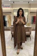 Chocolate Brown Embroidered A-Line Kurta Set with Dupatta