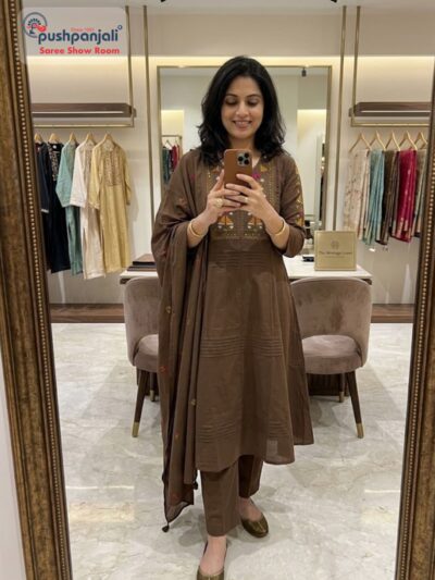 Chocolate Brown Embroidered A-Line Kurta Set with Dupatta