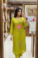 Lime Green Floral Embroidered Mul Cotton Kurta Set