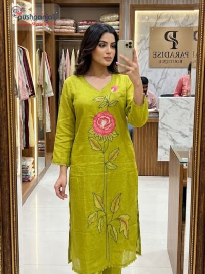 Lime Green Floral Embroidered Mul Cotton Kurta Set
