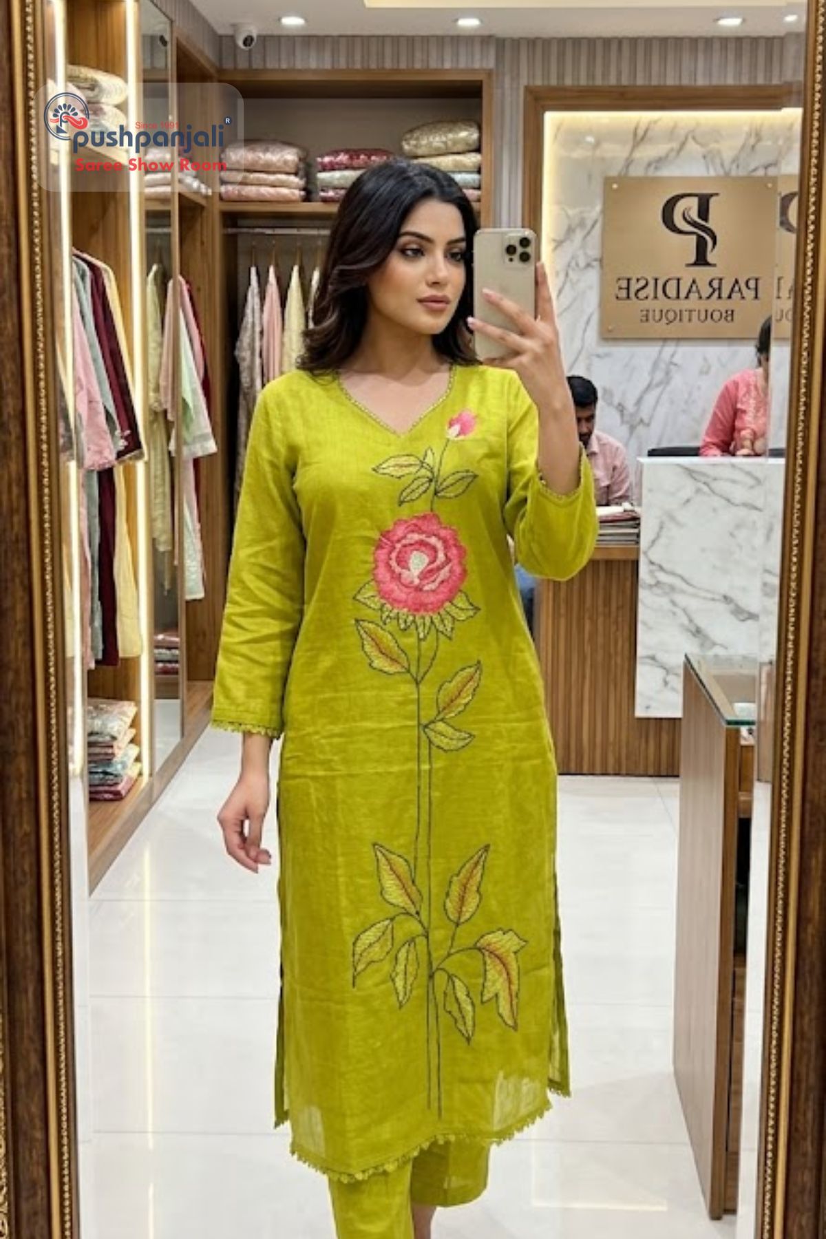 Lime Green Floral Embroidered Mul Cotton Kurta Set