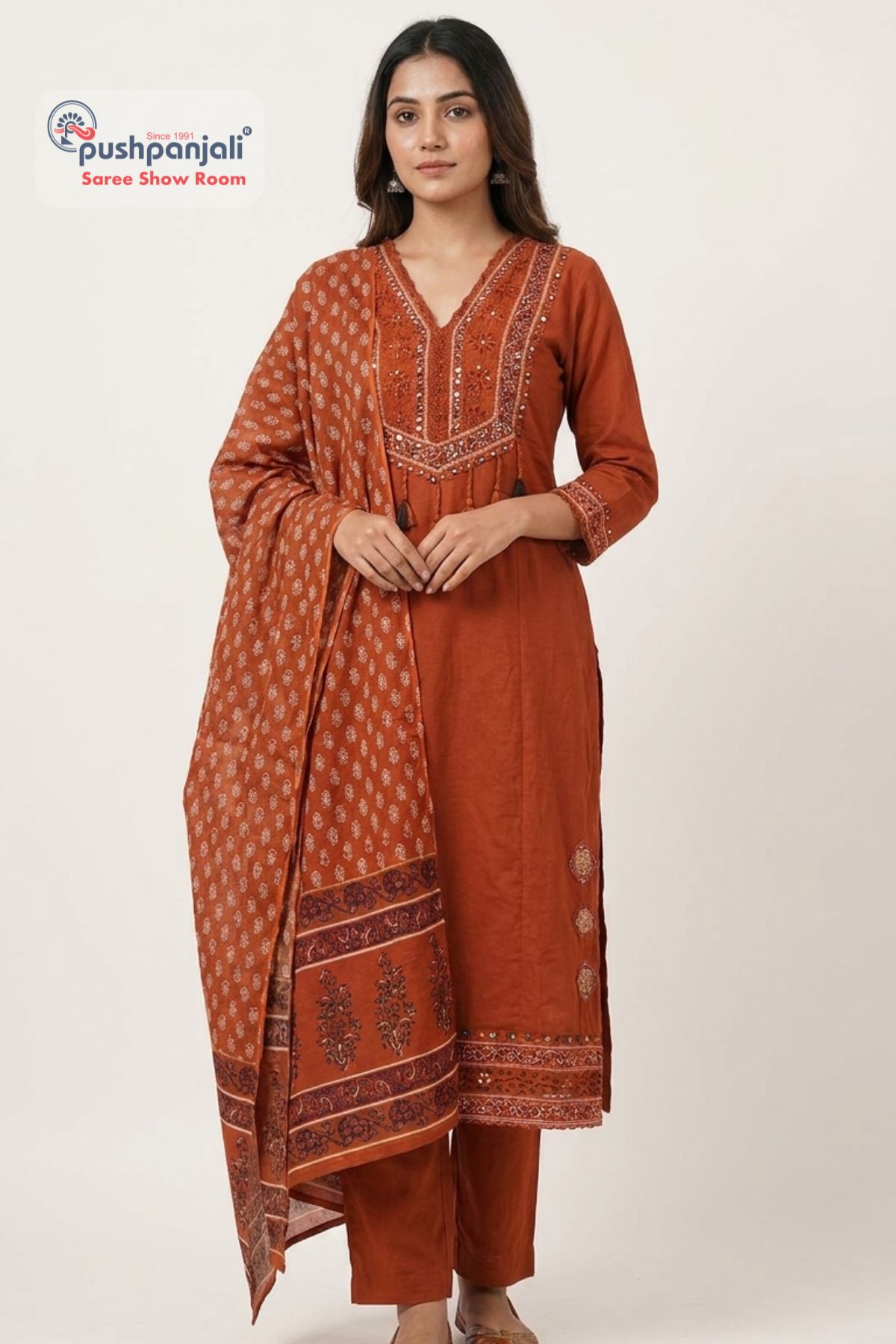 Rust Orange A-Line Kurta Set with Printed Dupatta - Image 3