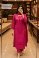 Rani Pink Floral Embroidered Straight Kurta Set with Dupatta