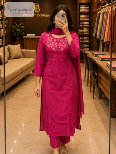 Rani Pink Floral Embroidered Straight Kurta Set with Dupatta