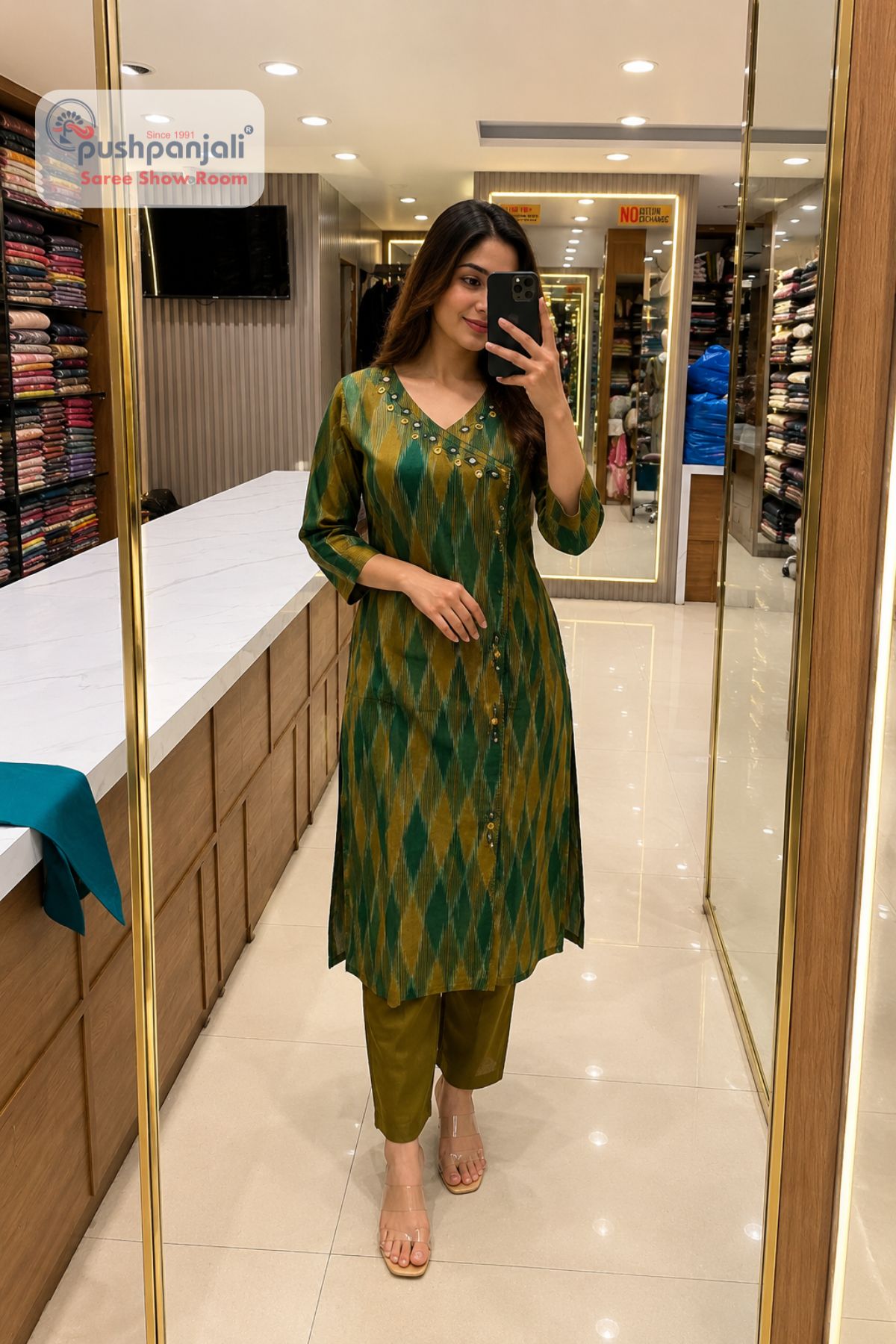 Olive Green Ikat Print Straight Kurta Pant Set - Image 3