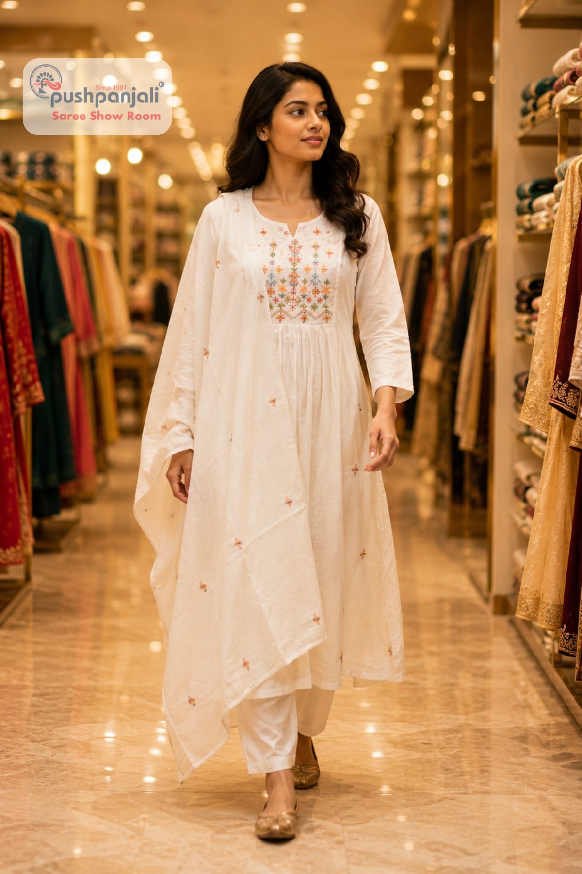 Elegant White Embroidered Anarkali Suit Set with Dupatta - Image 2