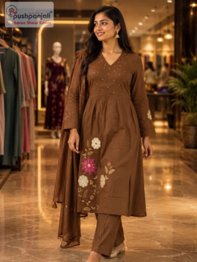 Coffee Brown Floral Embroidered A-Line Kurta Set with Dupatta