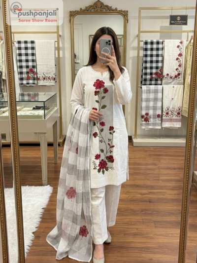 Off White Embroidered Straight Kurta Set with Dupatta