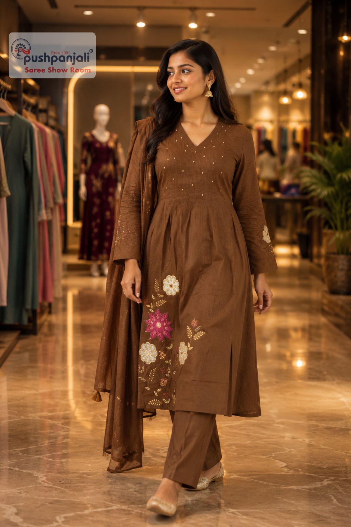 Coffee Brown Floral Embroidered A-Line Kurta Set with Dupatta