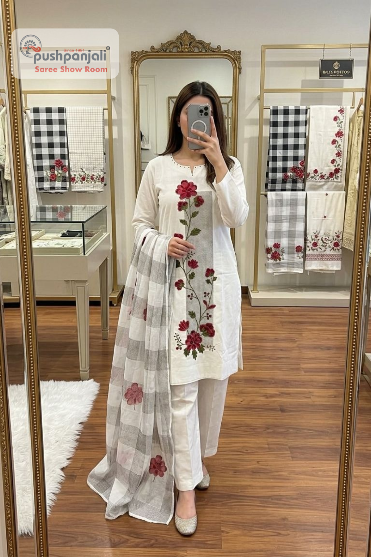 Off White Embroidered Straight Kurta Set with Dupatta