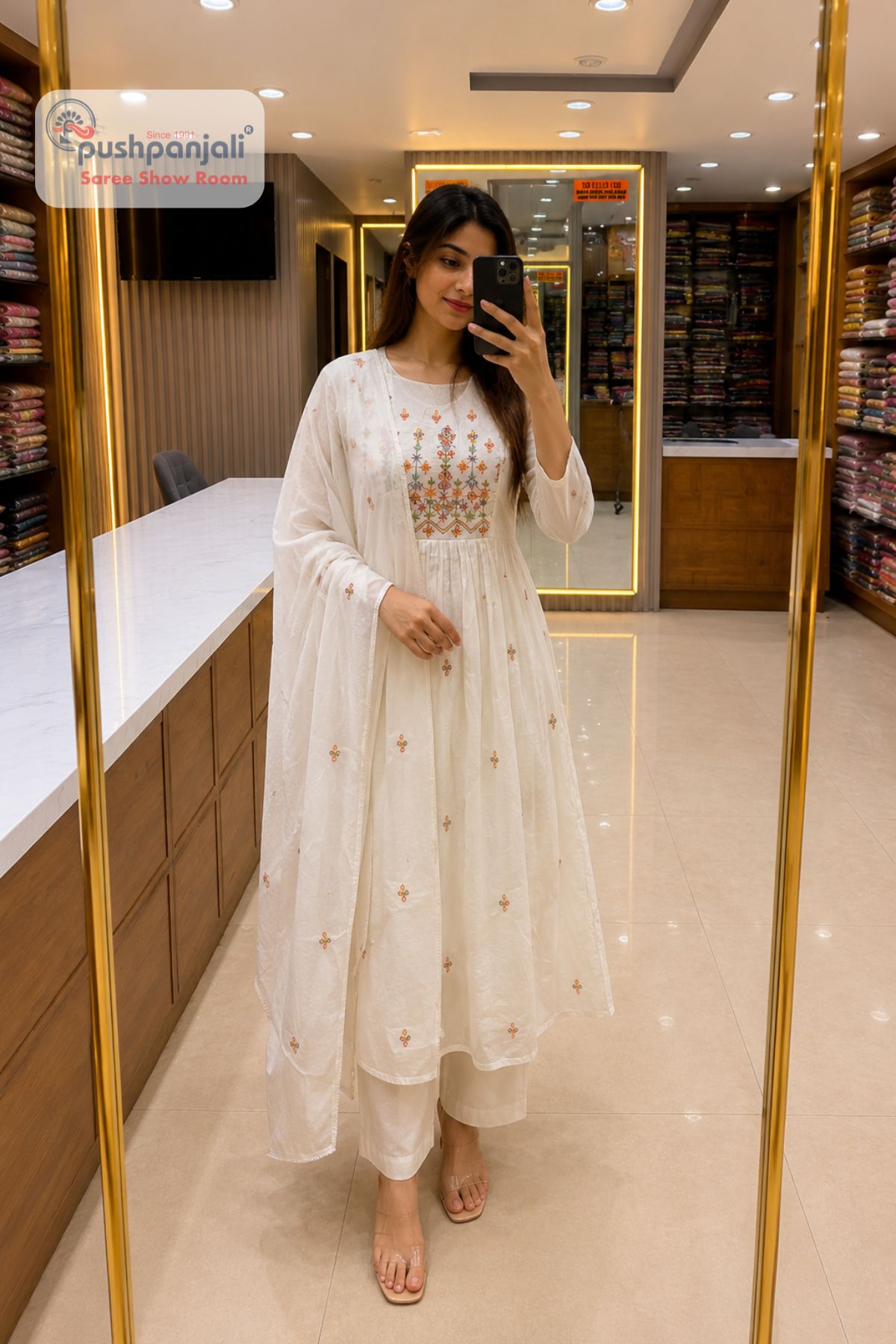 Elegant White Embroidered Anarkali Suit Set with Dupatta - Image 3