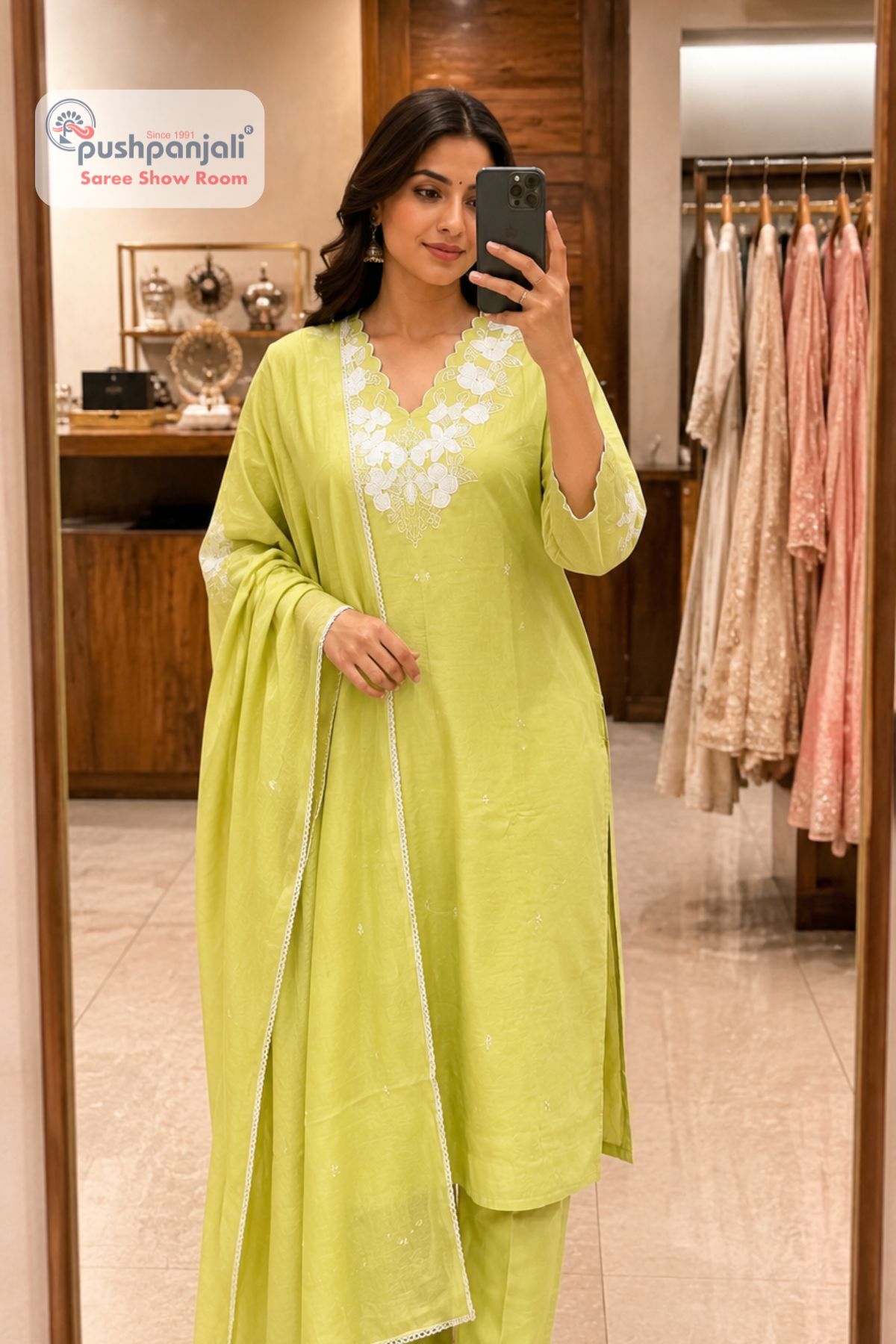 Pista Green Embroidered Straight Fit Suit Set with Dupatta - Image 2