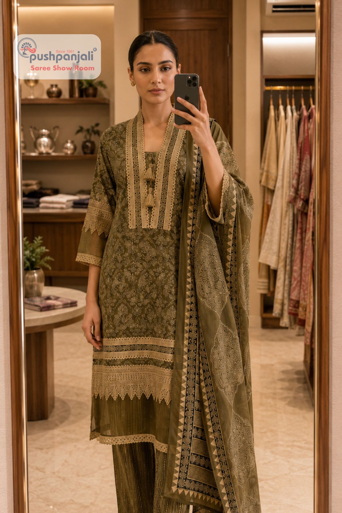 Olive Green Designer Straight Fit Suit Set with Dupatta - Image 2