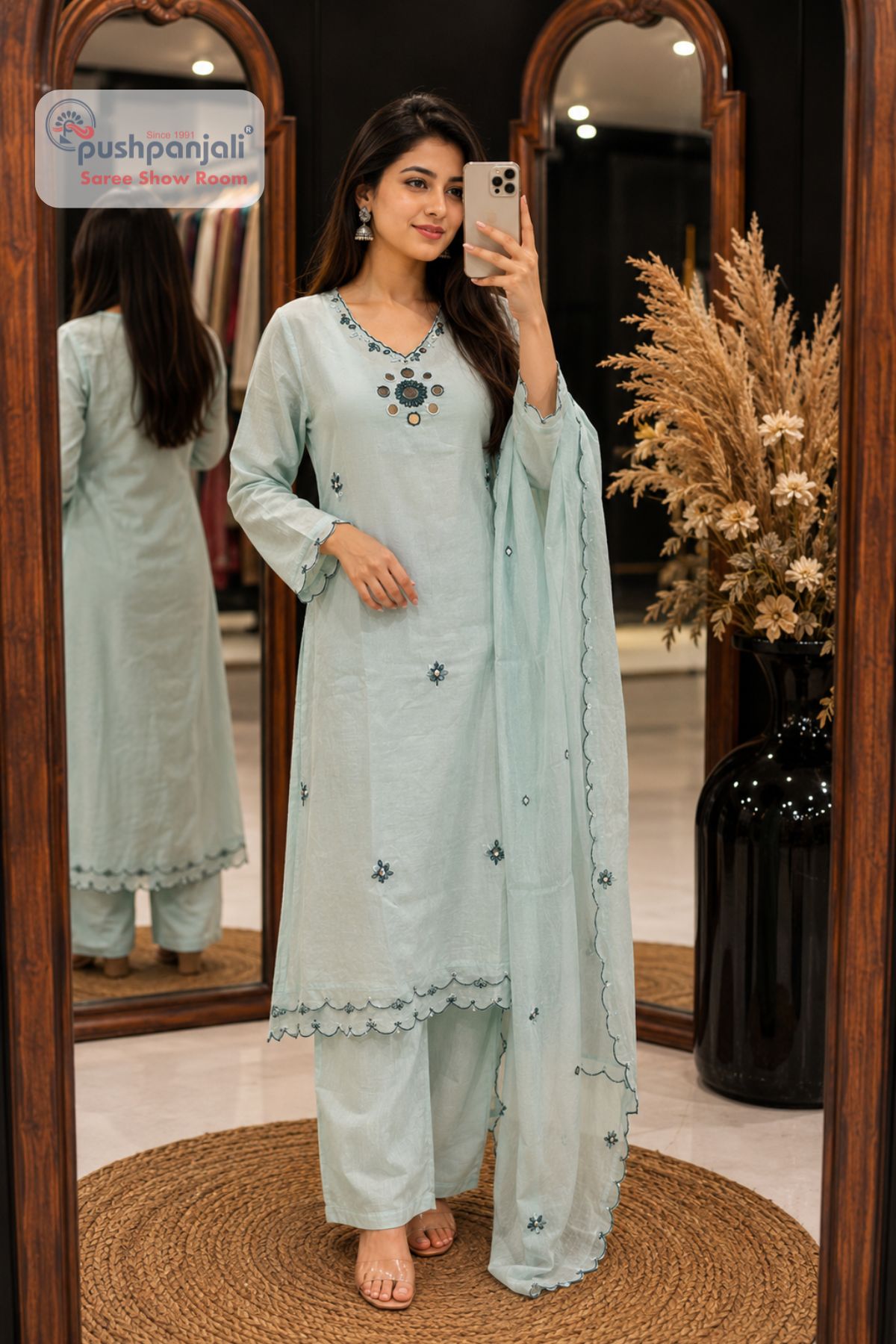Pastel Mint Green Embroidered Straight Fit Suit Set - Image 2